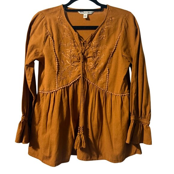 Tantrums Burnt Orange Embroidered Peasant Tunic Top – Babydoll, Size S, Like New - Picture 1 of 12